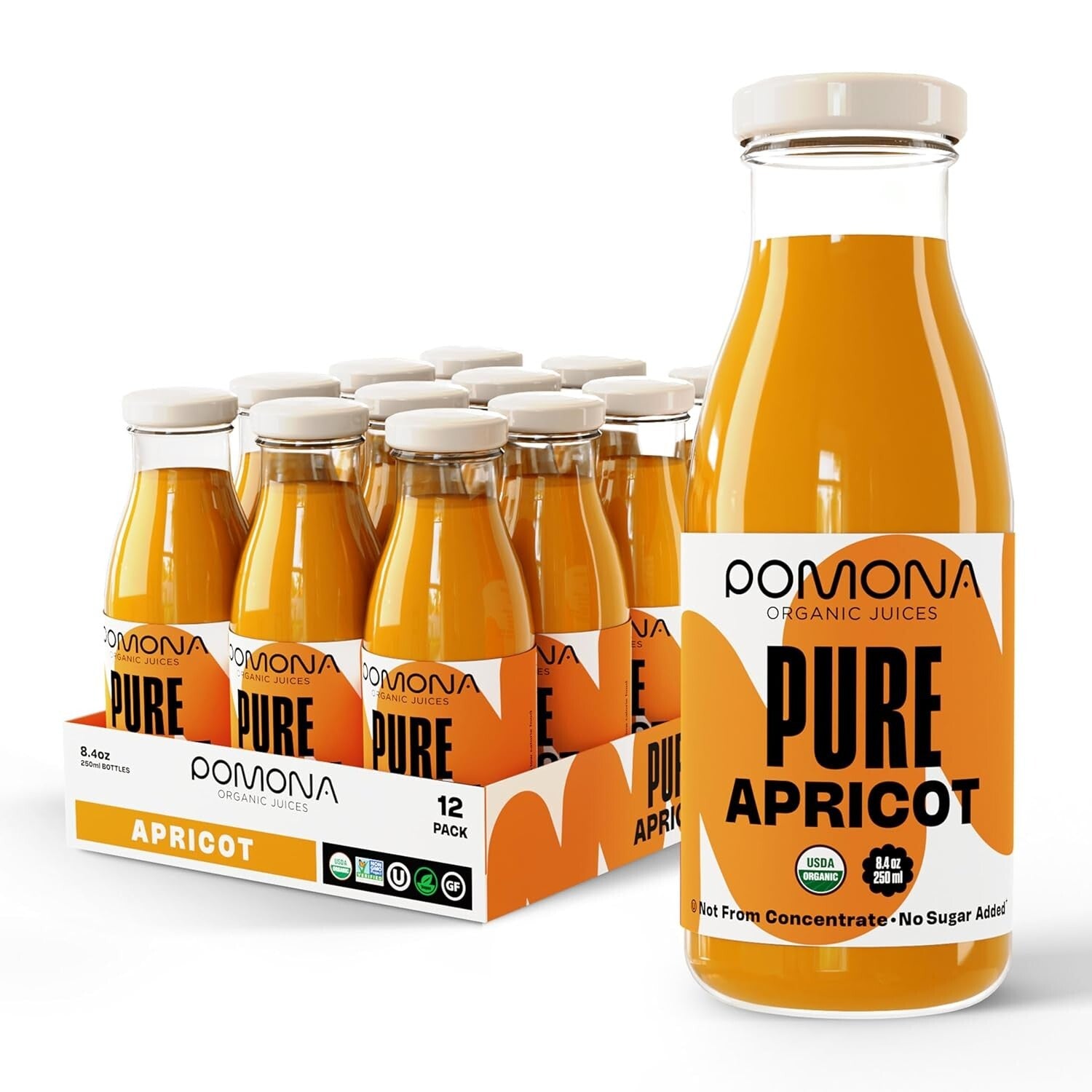 Pomona Organic Apricot Juice - Pure, No Sugar, Cold-Pressed, 12 x 8.4 oz Bottles