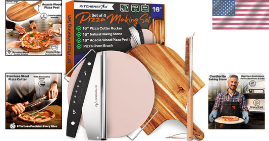 16-Inch Cordierite Pizza Stone with Peel, Cutter & Brush - Perfect for Oven