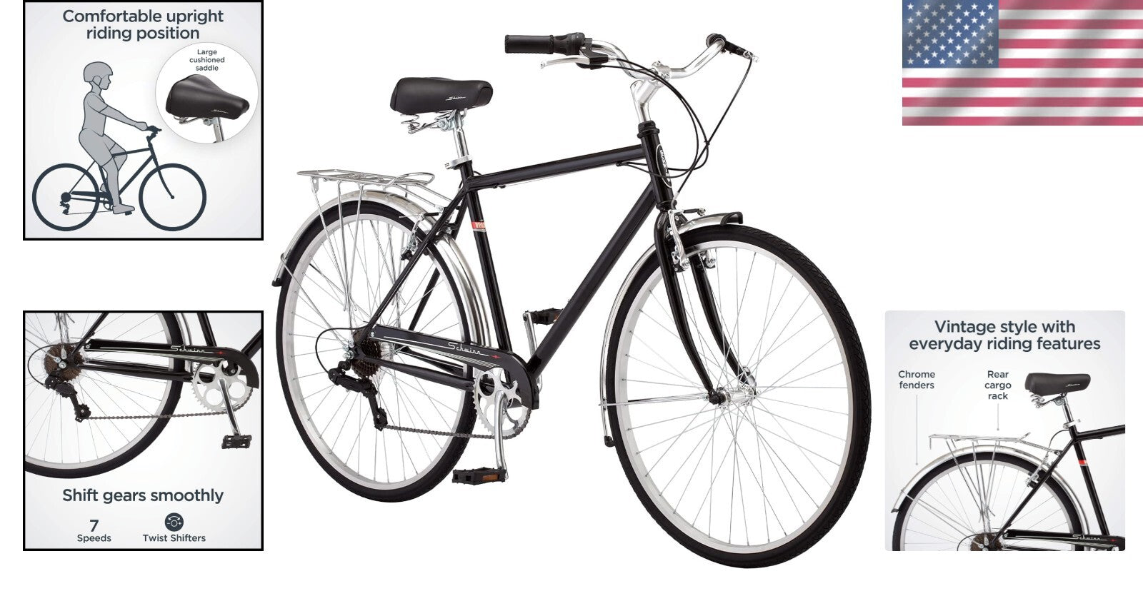 7-Speed Unisex Hybrid Bike with Retro Steel Frame and Cargo Rack for Easy Riding