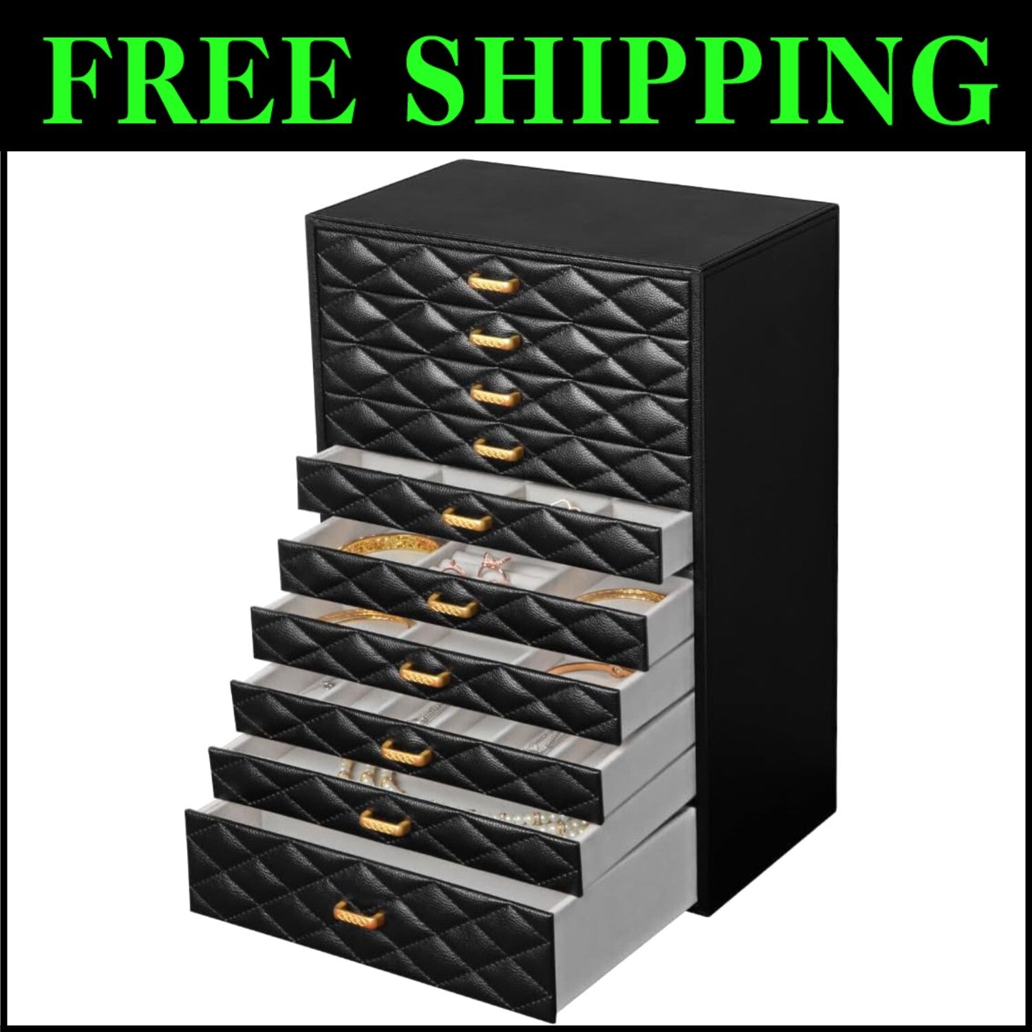 Elegant 10-Compartment Jewelry Case - Black Faux Leather with Velvet Interior