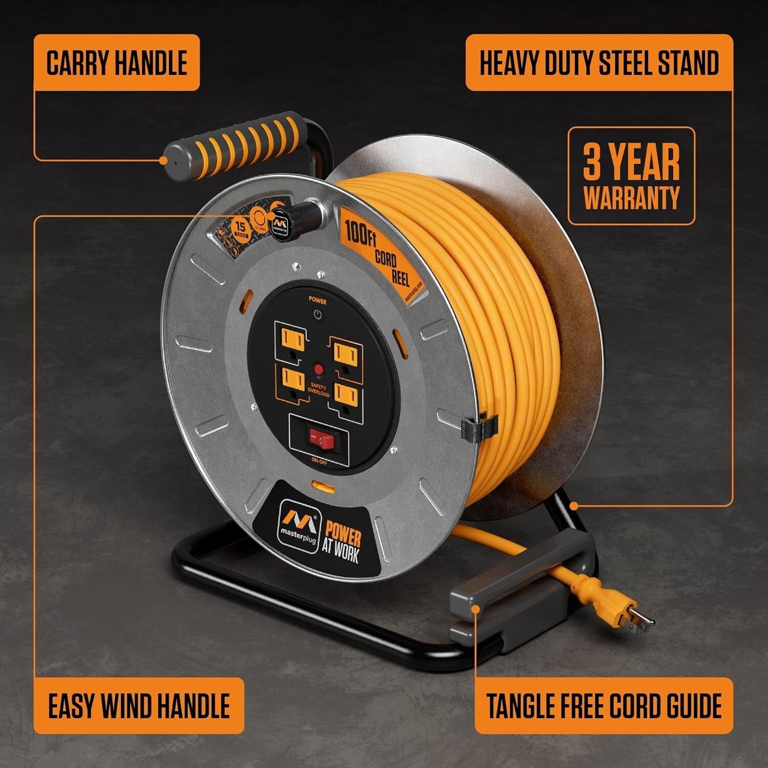 100ft Metal Cord Reel with 4 Outlets & Overload Protection - Safe Power Solution