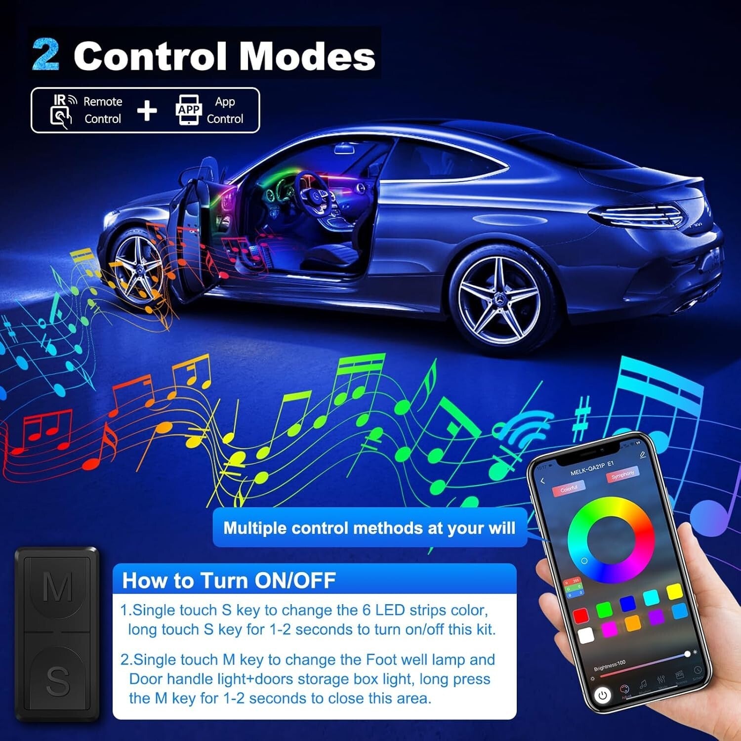 Customizable Car Interior LED Lighting Kit - Wireless APP with 16 Million Colors