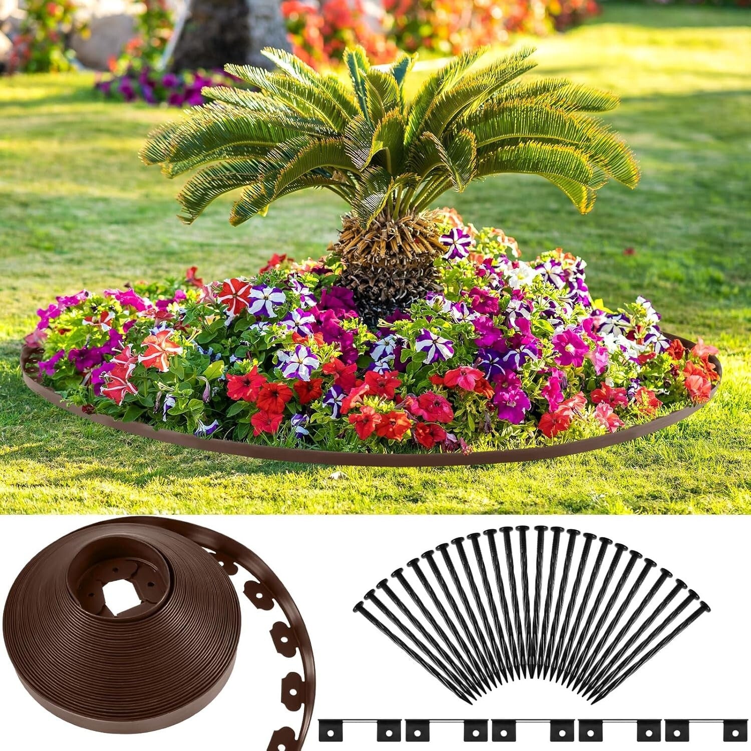 200 Feet Lawn Edging Kit with Anchoring Spikes - Stylish Brown Plastic Design