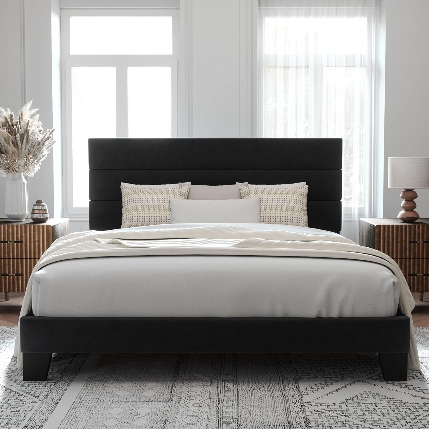 Luxury King Size Velvet Upholstered Platform Bed Frame - Easy Assembly | Black