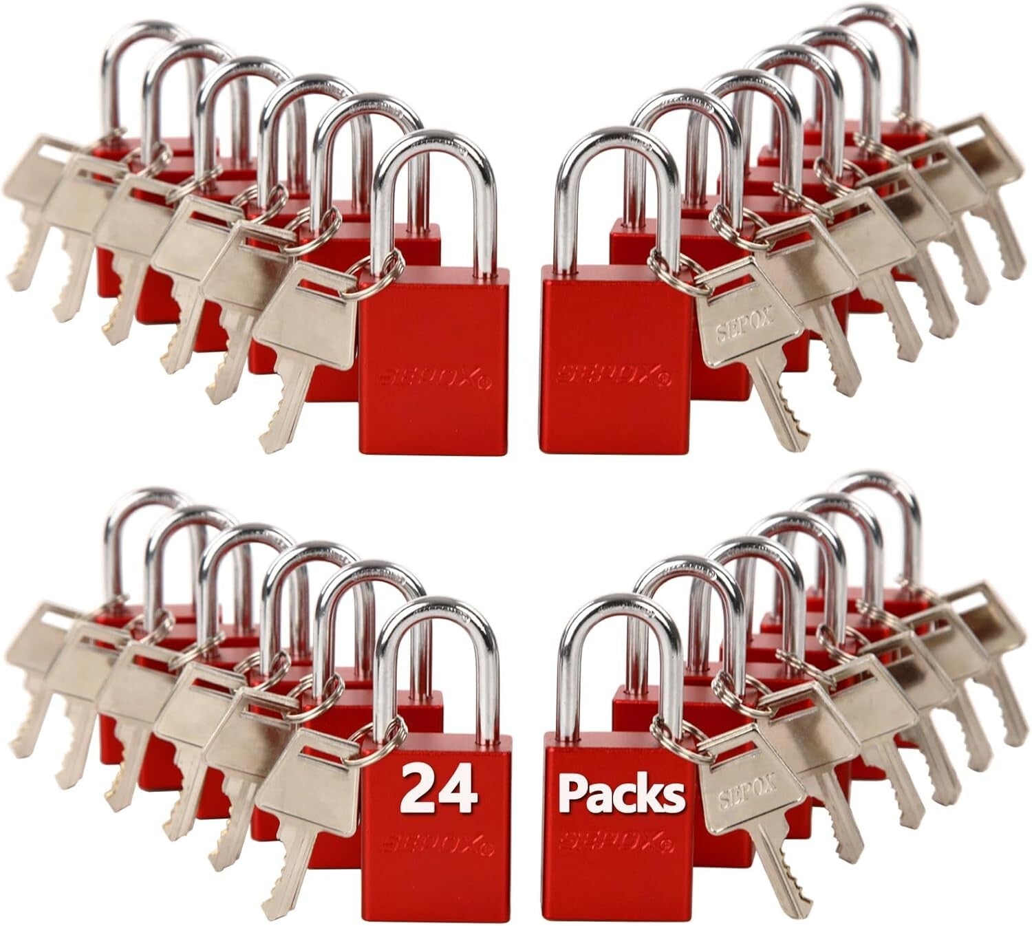 High-Tech Double-Locking Aluminum Padlocks, Red - 24 Units for Lock-Out Security
