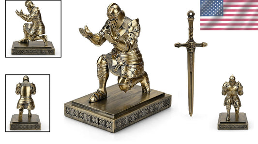 Elegant Knight Pen Holder & Sword Letter Opener – Bronze Desk Organizer