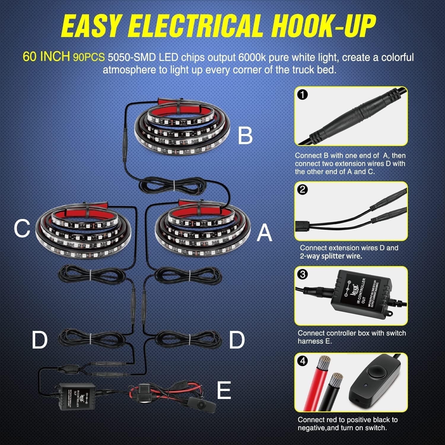 3PCS 60-Inch RGB LED Truck Bed Light Strip Kit with Remote Control - Waterproof