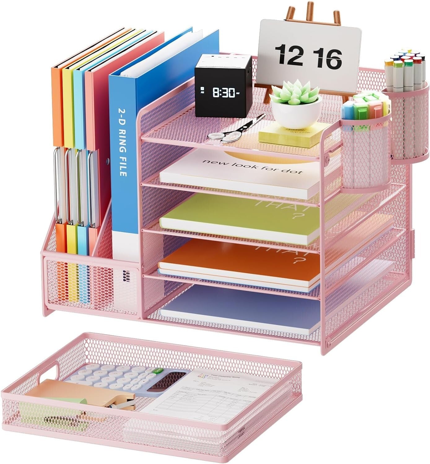 Elevate Your Office with a 5-Tier Pink Mesh Desk Organizer and Storage Drawer