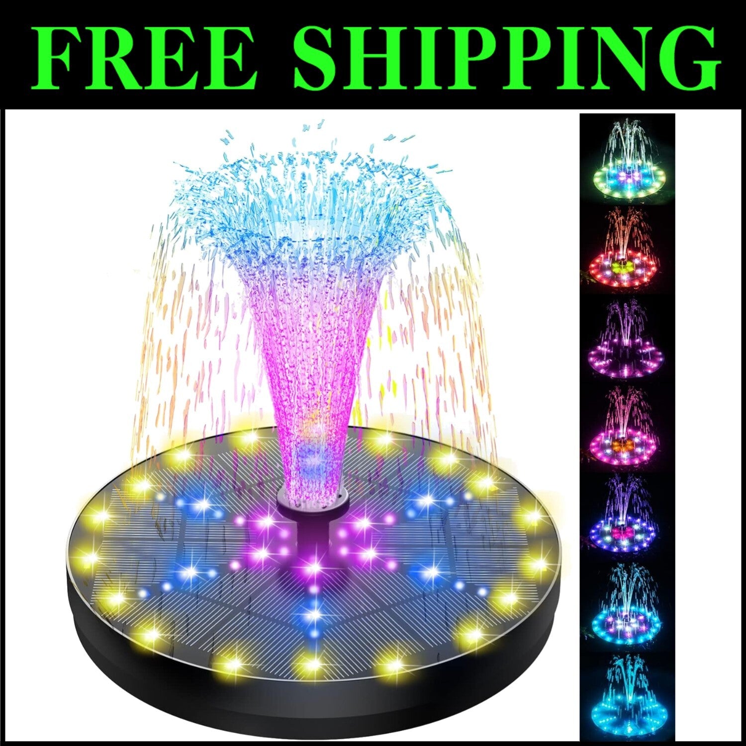 Solar-Powered Fountain with 60 Colorful LEDs, 7 Water Styles & Anti-Drift Fixers