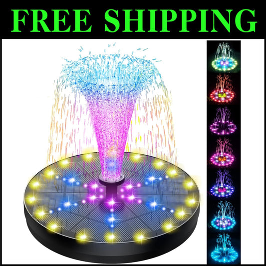Solar-Powered Fountain with 60 Colorful LEDs, 7 Water Styles & Anti-Drift Fixers