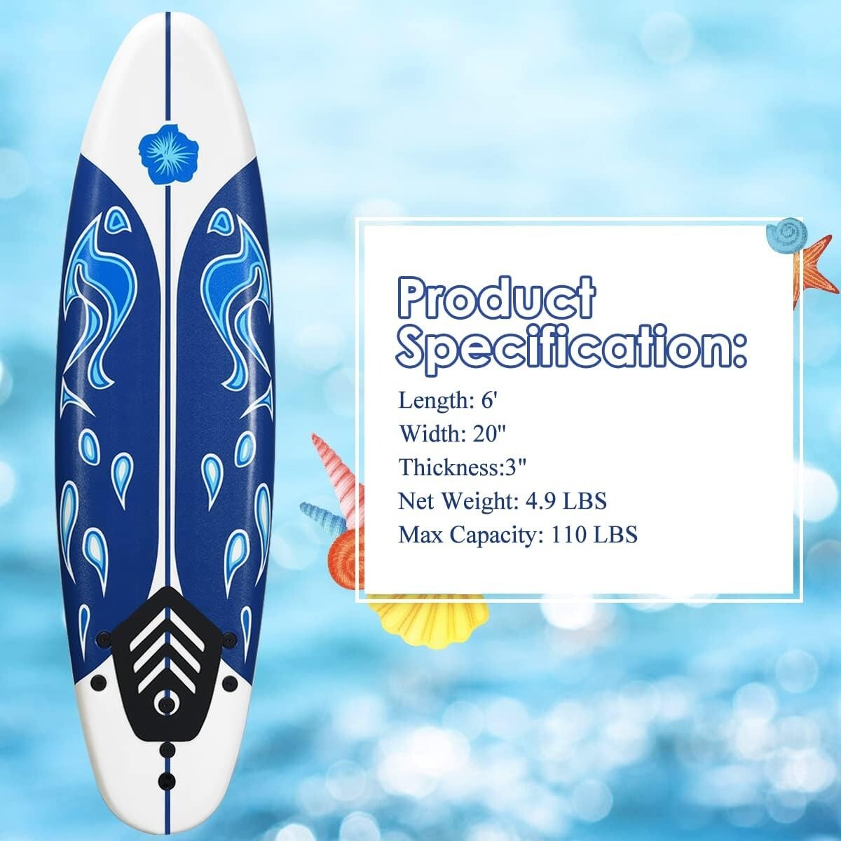 6 Ft Lightweight Surfboard with 3 Detachable Fins for Safe Water Adventures