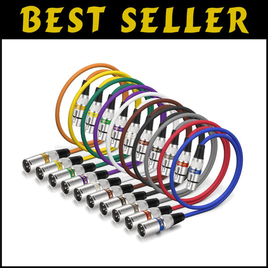 2ft XLR Cable Set - 10 Colors, 3-Pin Male to Female for Mixer & Speakers