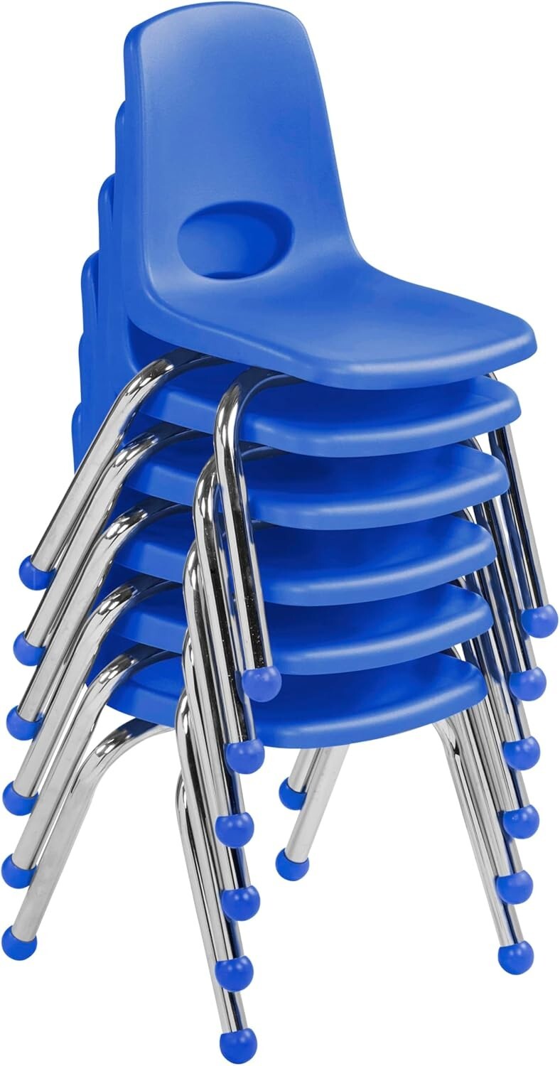 Durable 12" School Stack Chair Set - 6 Blue Seats with Smooth Ball Glides