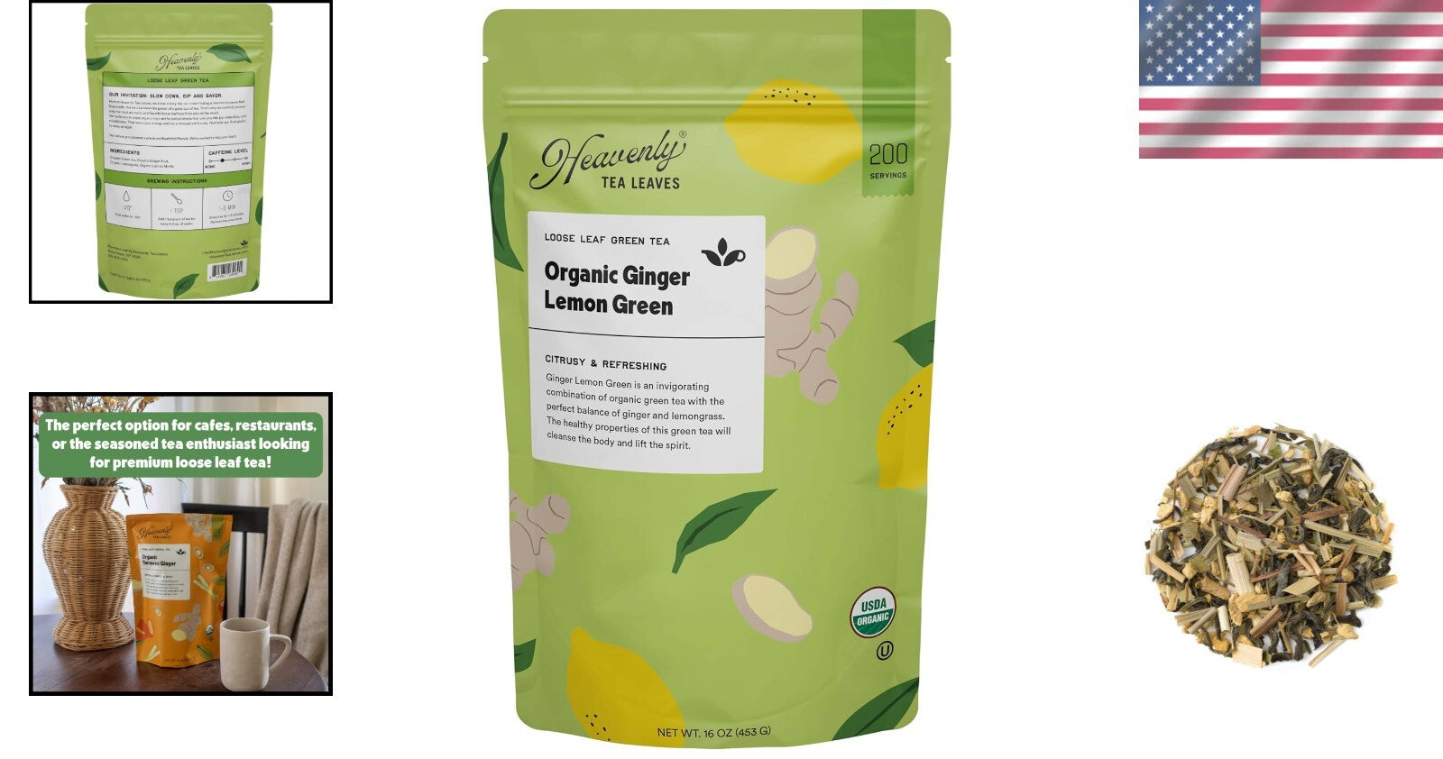 Invigorating Organic Ginger Lemon Green Tea - 1 lb Bulk Pouch, Enjoy Hot or Iced