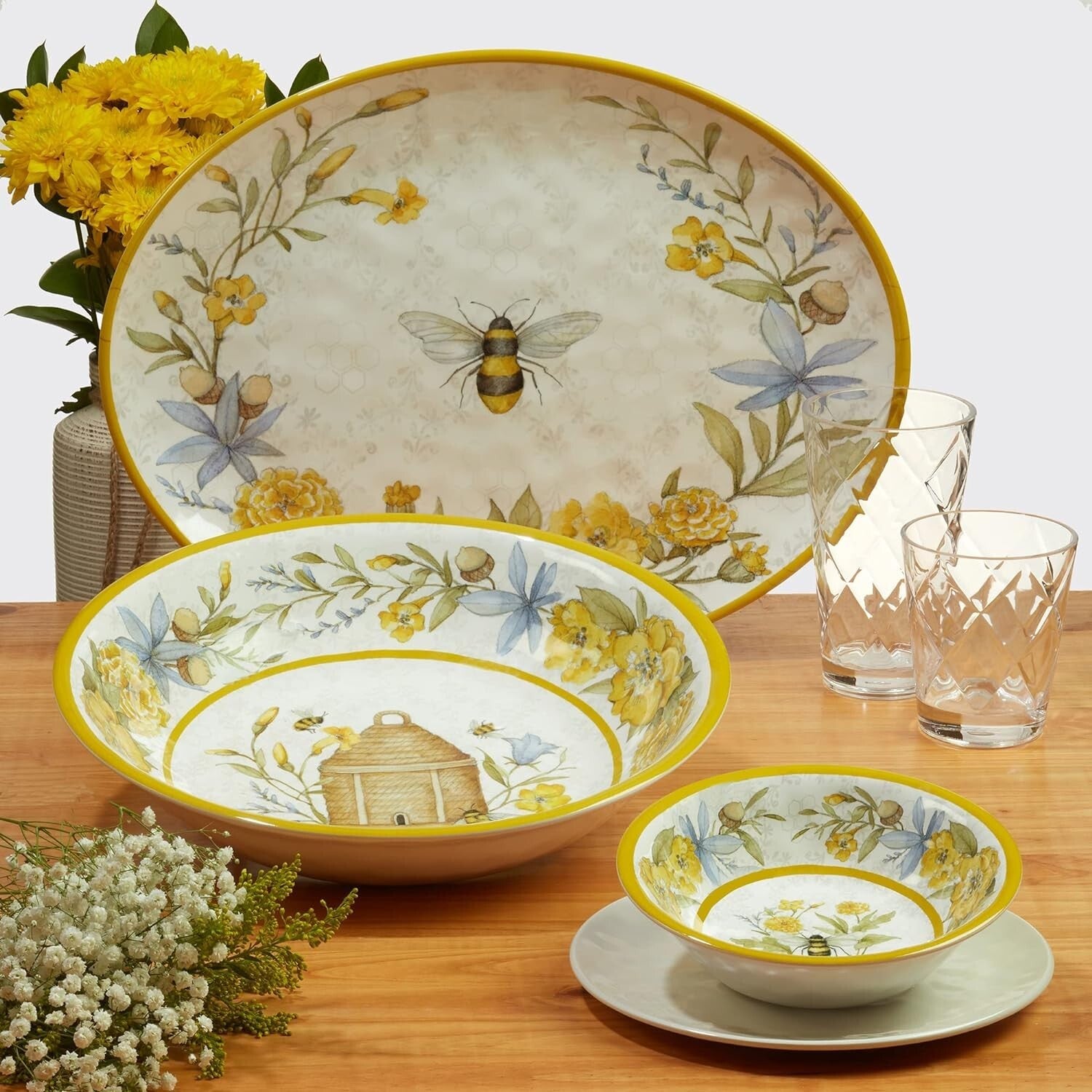 Charming Bee & Floral 12-Piece Melamine Set for Spring & Summer Entertaining