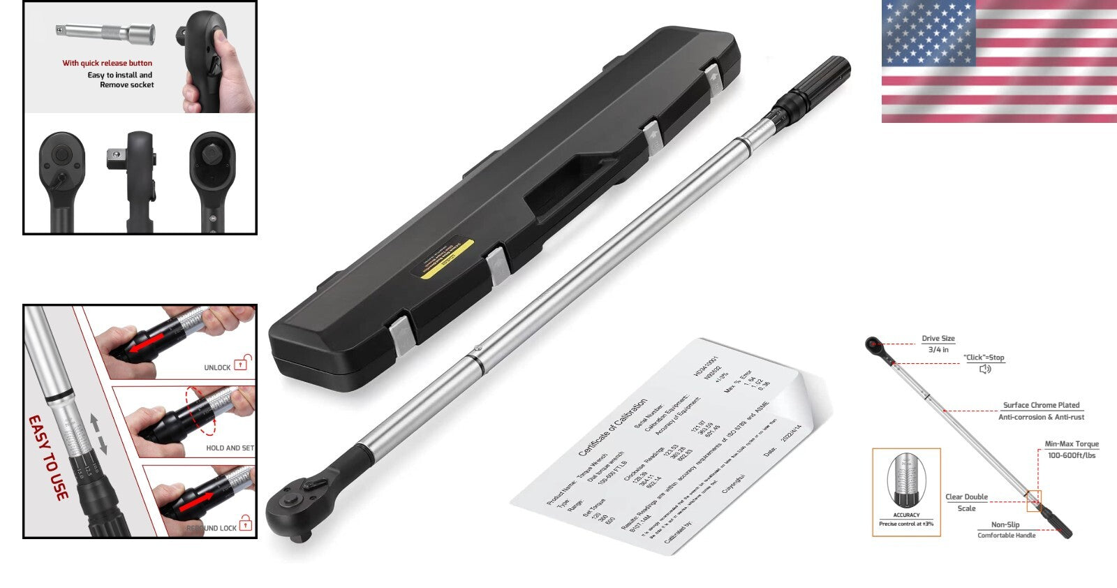 Compact 3/4-Inch Torque Wrench 100-600ft.lb with Alloy Head and Easy Read Scale