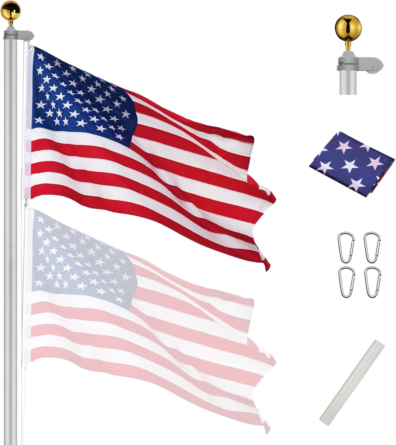 Durable 30FT Aluminum Flagpole with 3'x5' American Flag - Fly 2 Flags Easily