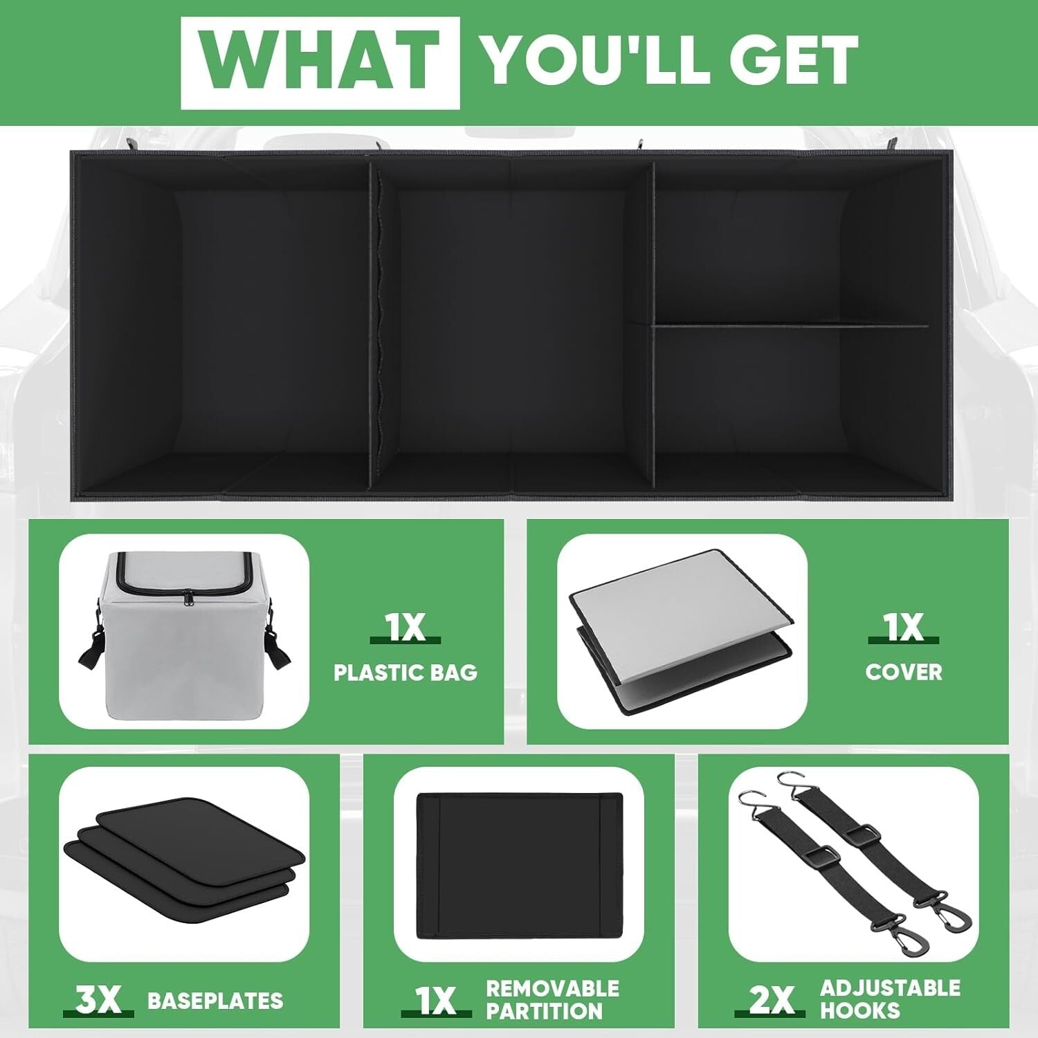 Heavy-Duty Collapsible Car Trunk Organizer with 4 Compartments & Insulated Bag