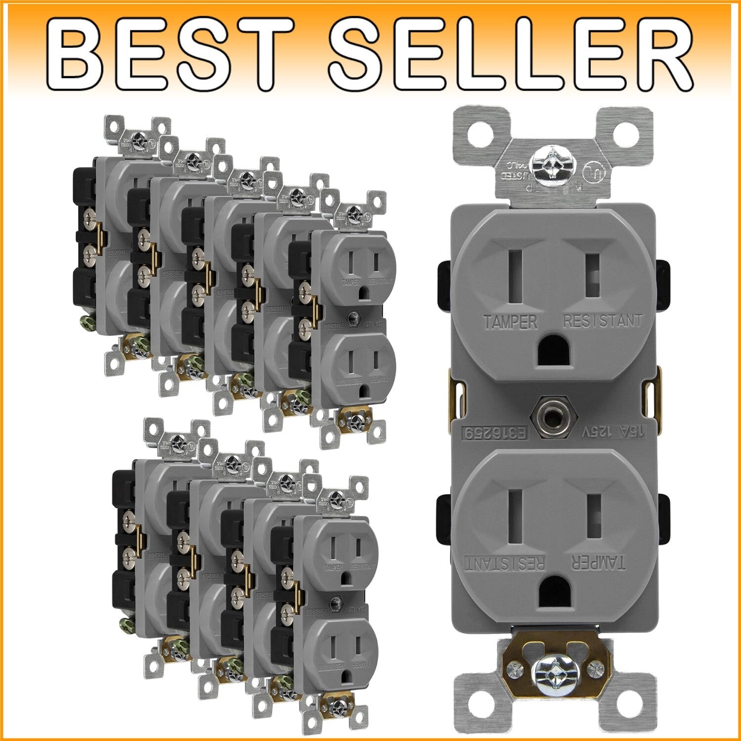 10-Pack Tamper-Resistant Industrial Grade Duplex Outlets, 15A 125V, UL Listed