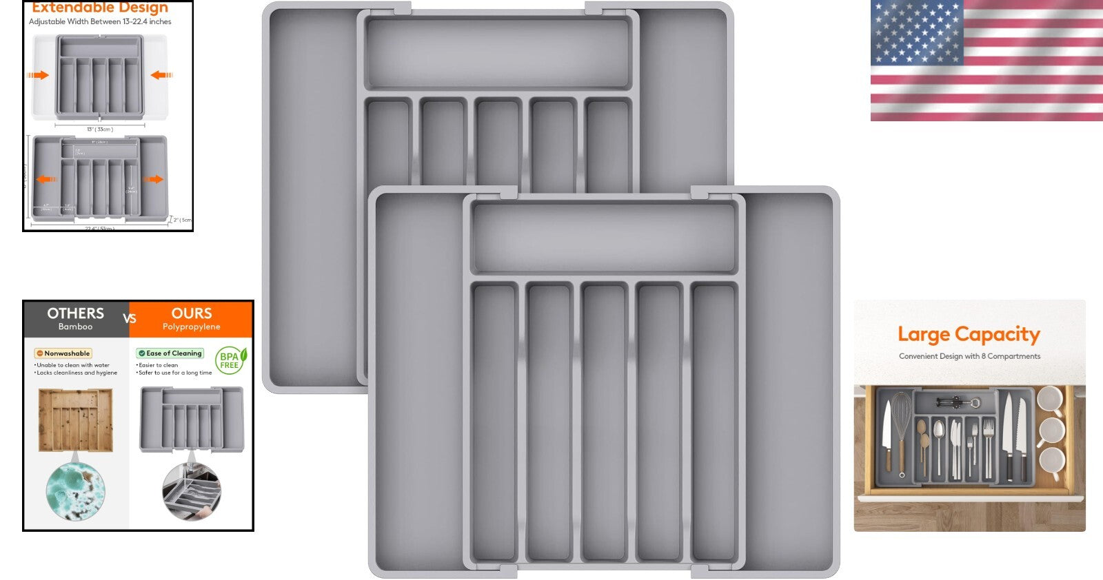Adjustable Utensil Organizer - Silverware Drawer Tray with 8 Compartments, Grey
