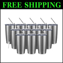 Load image into Gallery viewer, Durable 20oz Double Wall Travel Mug Set with Splash-Proof Lid - 12 Count Silver