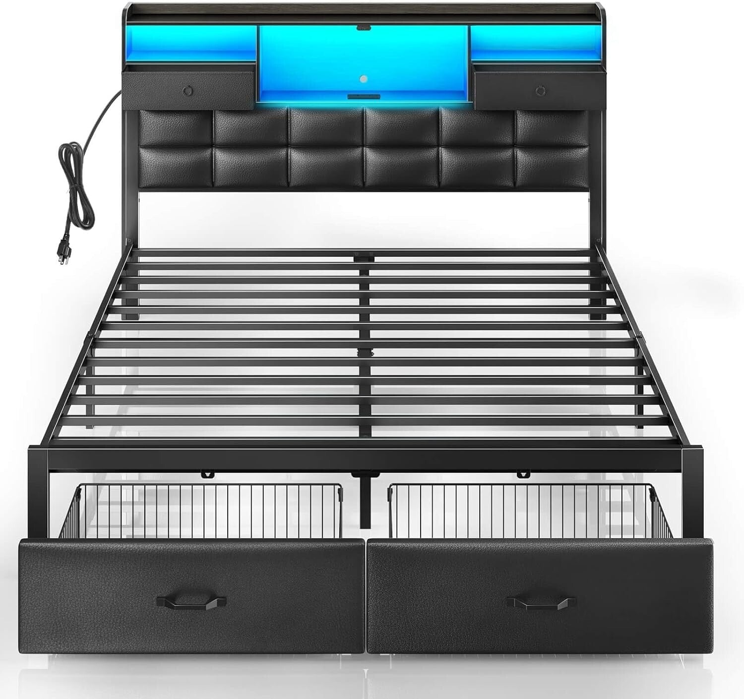 Full Size Upholstered Bed Frame with Drawers & USB Charging Station - Black