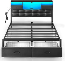 Load image into Gallery viewer, Full Size Upholstered Bed Frame with Drawers &amp; USB Charging Station - Black