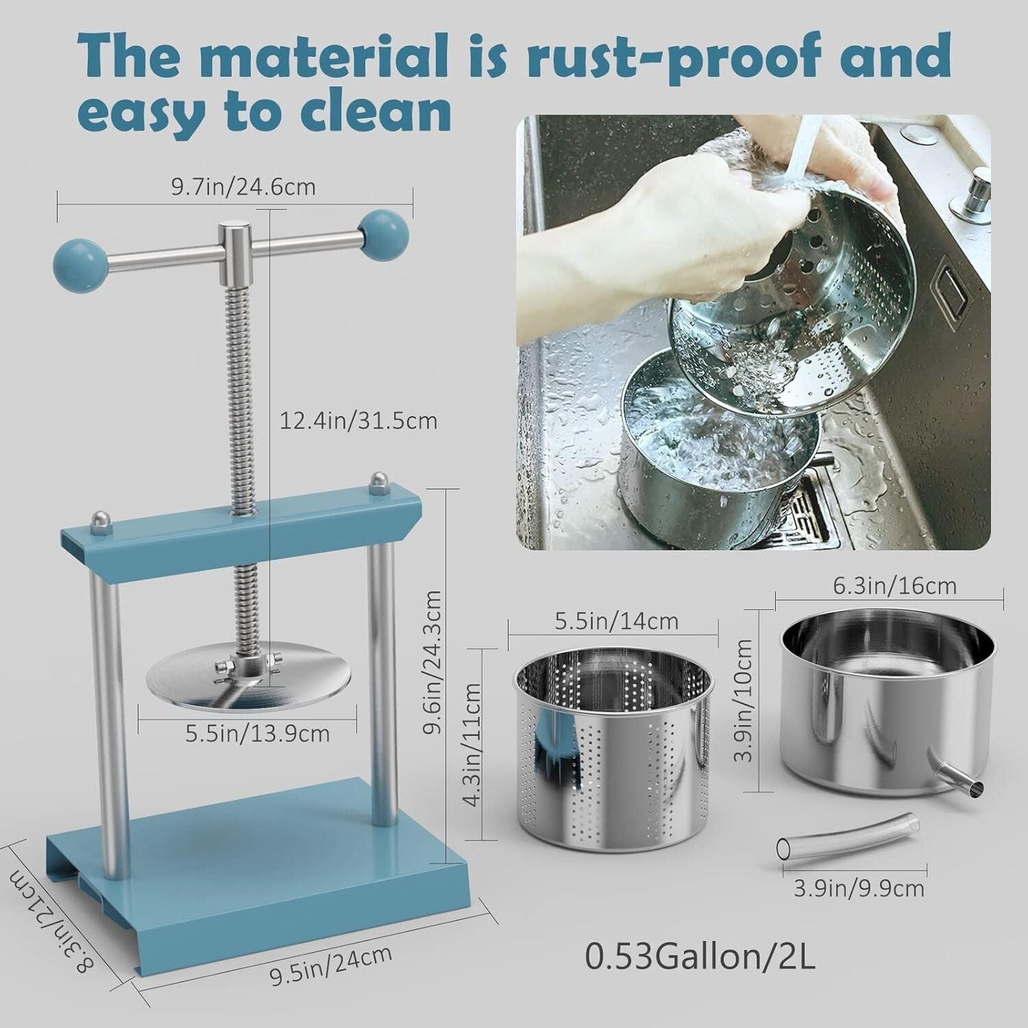 Blue Manual Juice Press, 2L Stainless Steel & Iron - Effortless Fruit Extractor