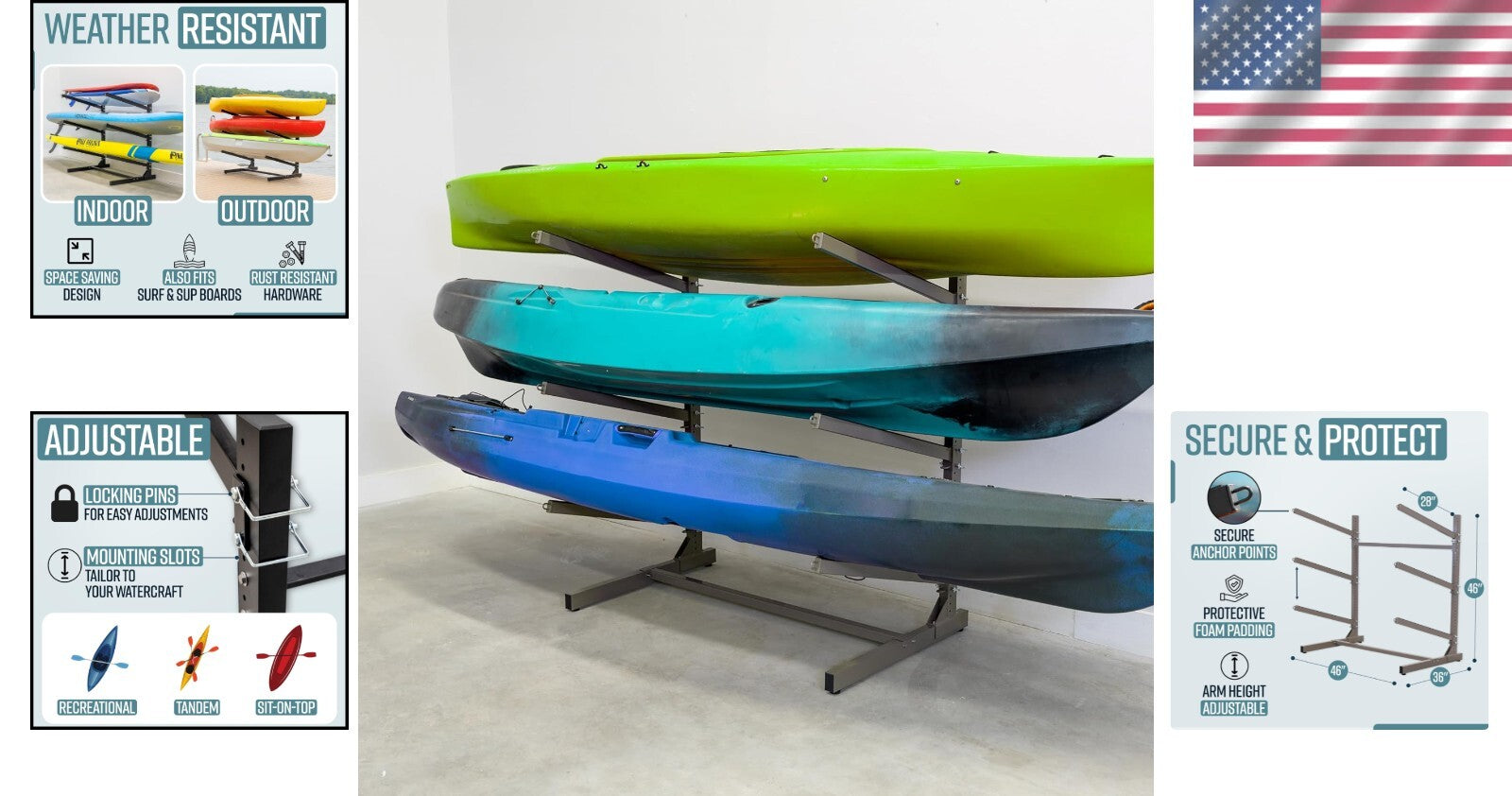 Heavy-Duty Freestanding Kayak Storage Rack for 3 Kayaks - Adjustable & Durable