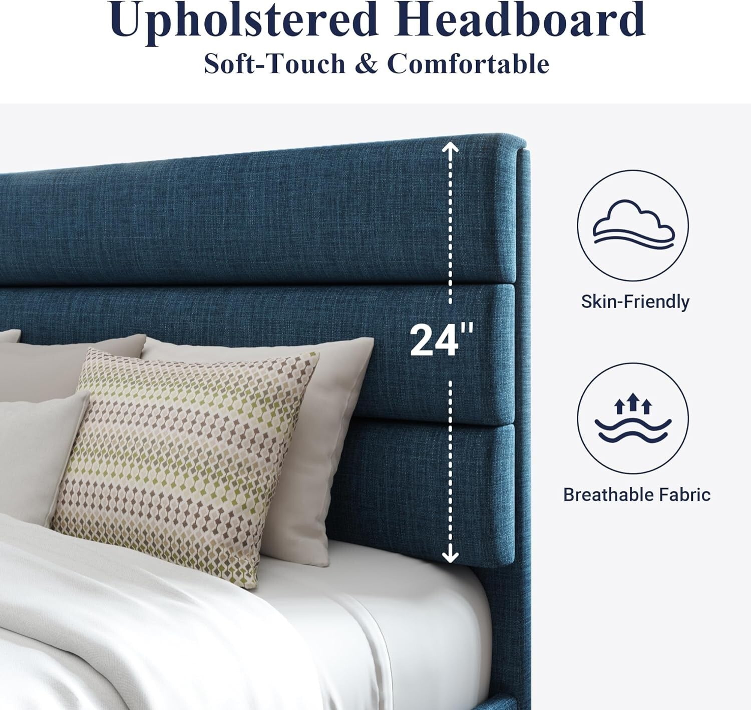 Elegant Navy Blue Full Size Bed Frame with Fabric Headboard - 800 lbs Capacity