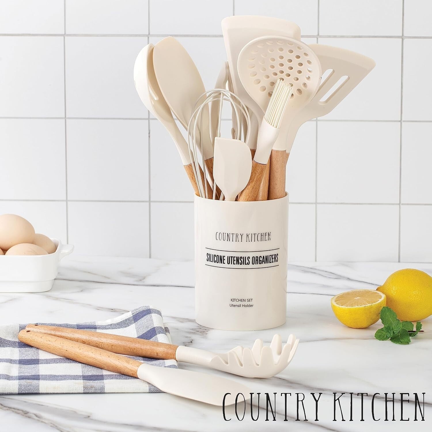 Elegant 14-Piece Silicone Utensil Set with Heat-Resistant Wooden Handles - Khaki