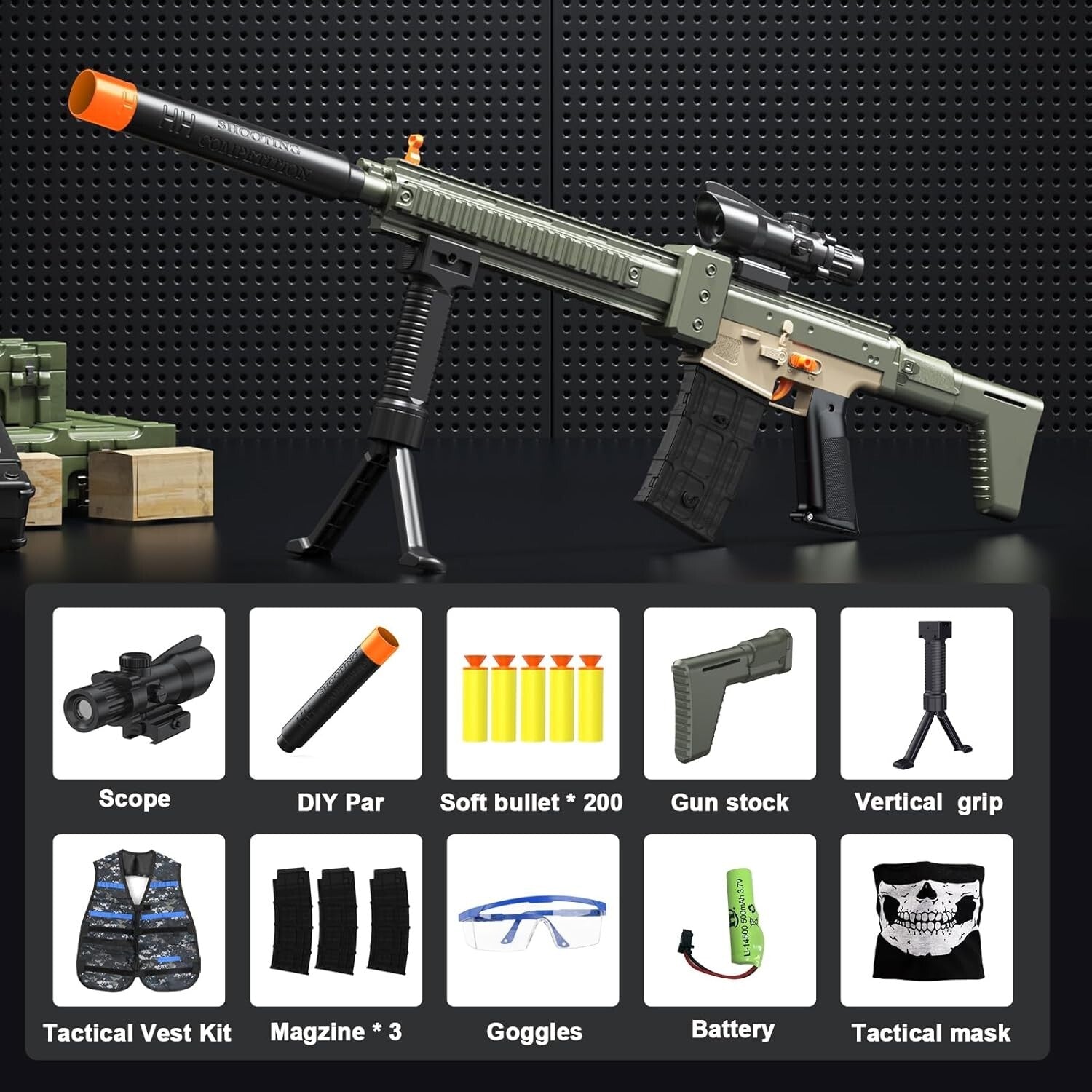 Rechargeable Electric Sniper Toy Gun Set - Tactical Vest, Darts & Clips Included