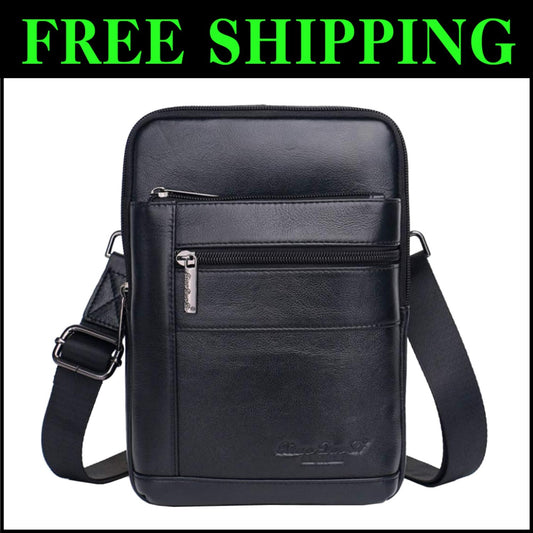 Compact Leather Messenger Bag with Multiple Pockets - Ideal for Travel & Work