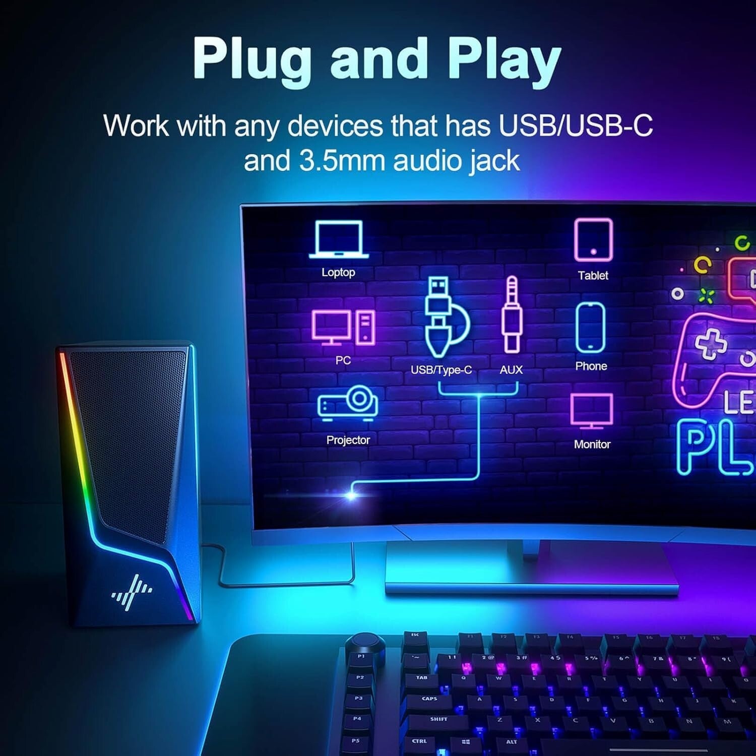 Dynamic 28W 2.1 Channel Speakers with Subwoofer & Touch Lighting Control