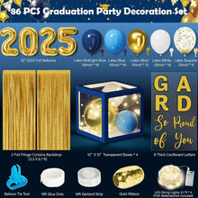 Load image into Gallery viewer, Blue Gold Graduation Party Essentials - 86 PCS LED Lights, Balloons &amp; Backdrop