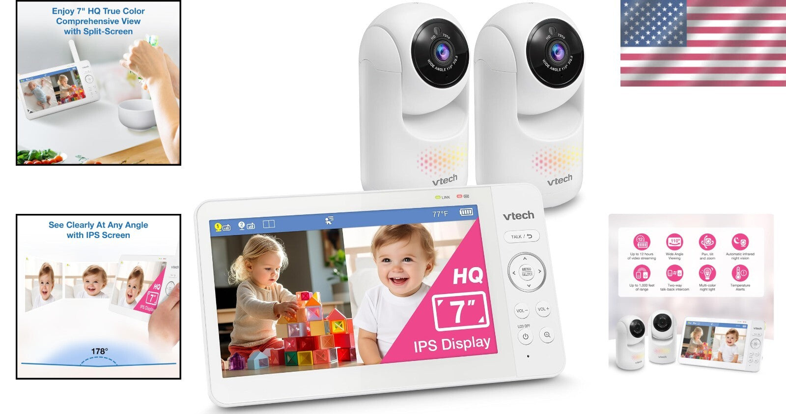 7" Digital Video Baby Monitor with Two Cameras & Pan Tilt Zoom - HQ Quality