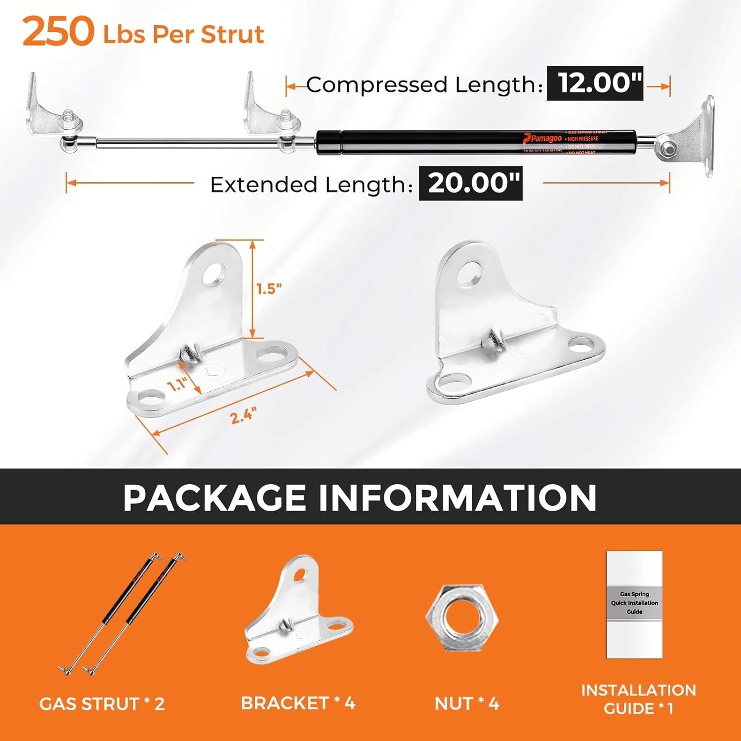 Universal 20-Inch Gas Spring Props with 250 lbs Support - Ideal for RVs & Trucks