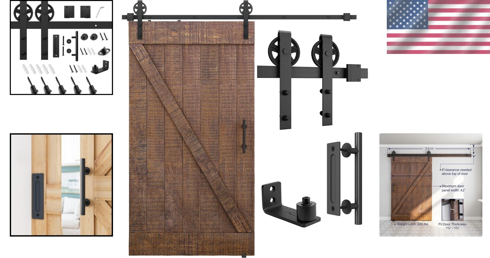 7ft Heavy Duty Sliding Barn Door Hardware Kit with Industrial-Style Pull Handle