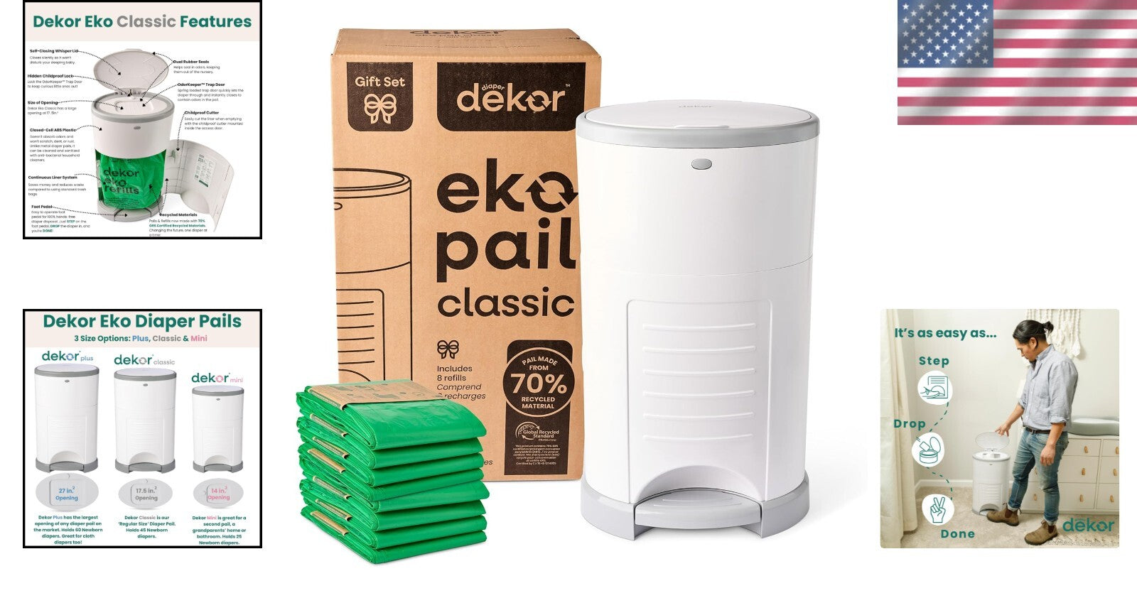 EKO Classic Diaper Pail with Year’s Refills - Stylish, Eco-Friendly & Functional