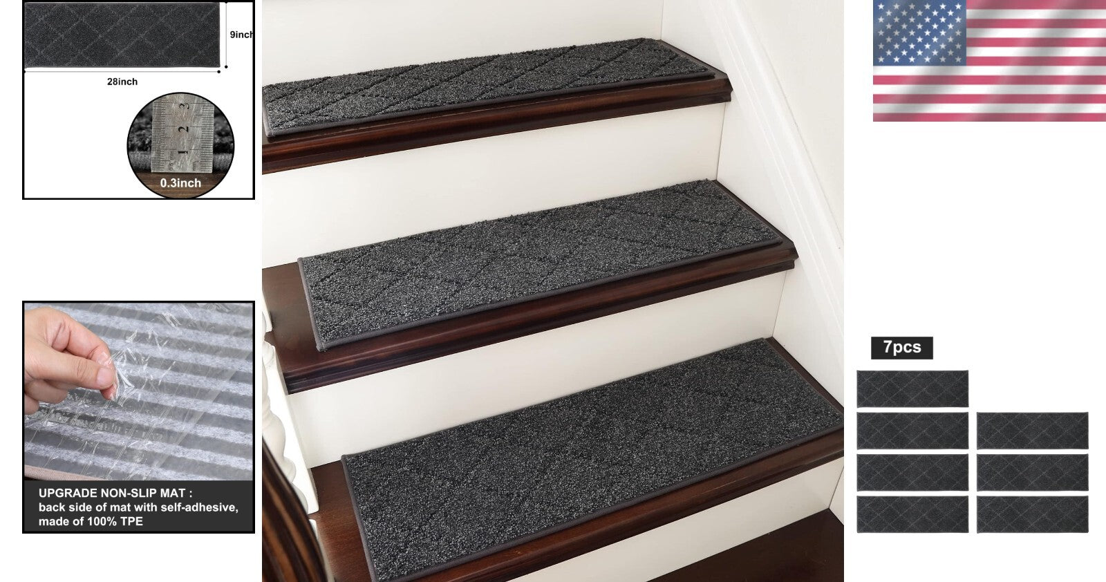 Non-Slip Carpet Stair Treads - 7pc Indoor Runners for Kids and Pets (28x9in)