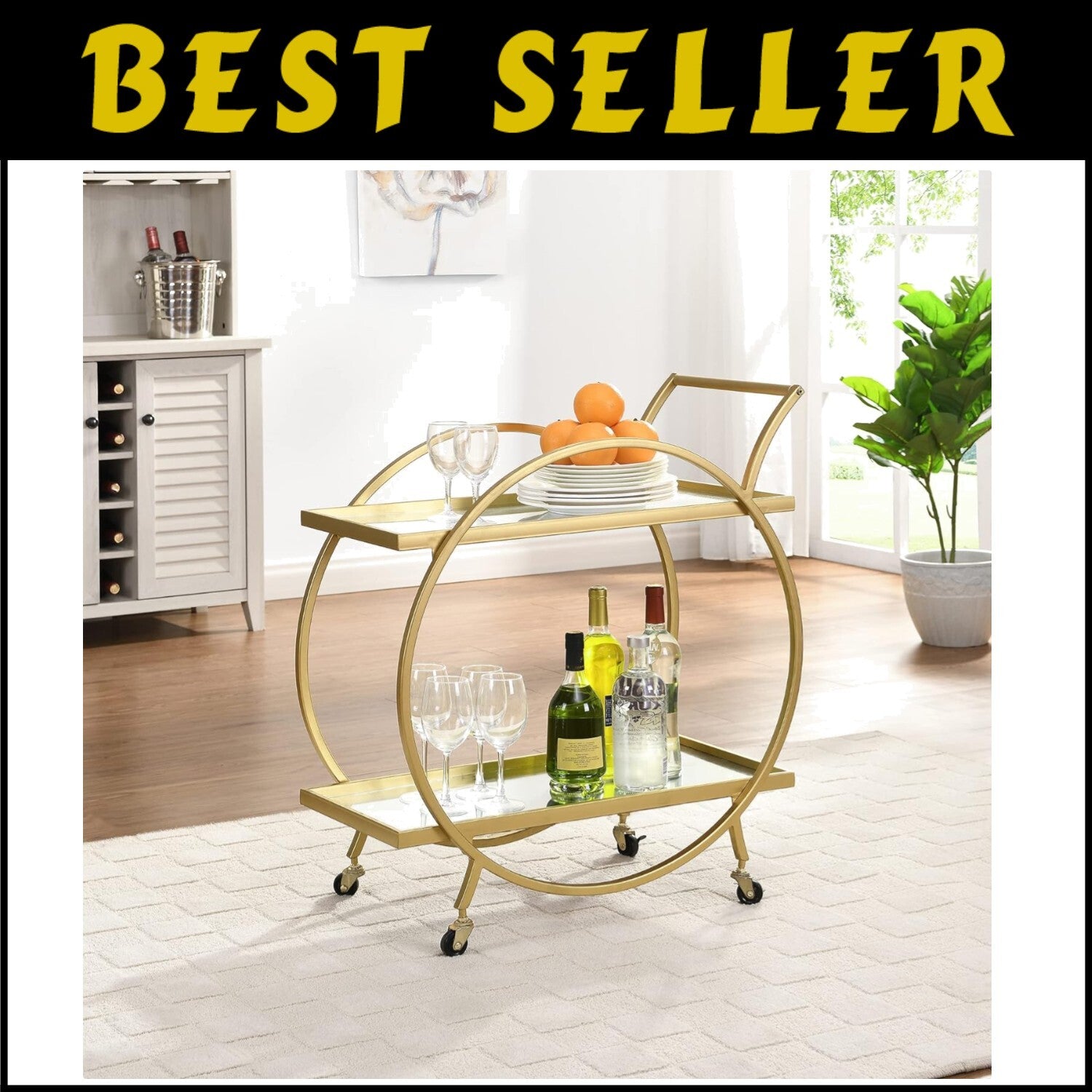 Sophisticated Gold Metal Bar Cart with Mirrors and Locking Wheels - 28 inches