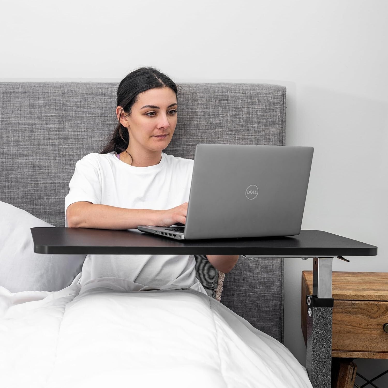 Rolling Bedside Table with Walnut Finish - Ideal for Reading, Eating & Computing