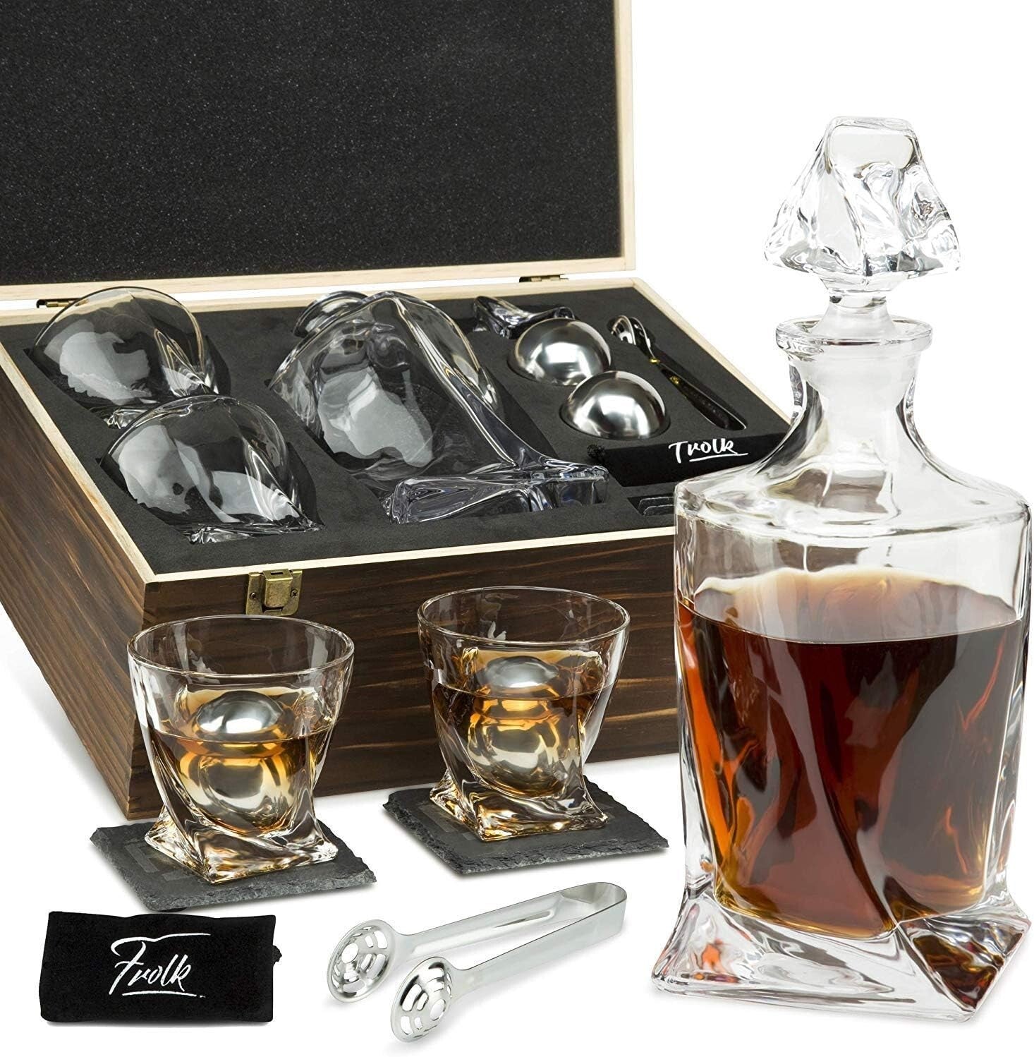 Luxurious Whiskey Decanter Set with Crystal Glasses & XL Stainless Steel Stones