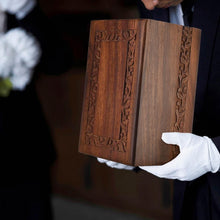 Load image into Gallery viewer, Intricate Engraved Rosewood Urn for Ashes - Memorial for Adults with Velvet Bag
