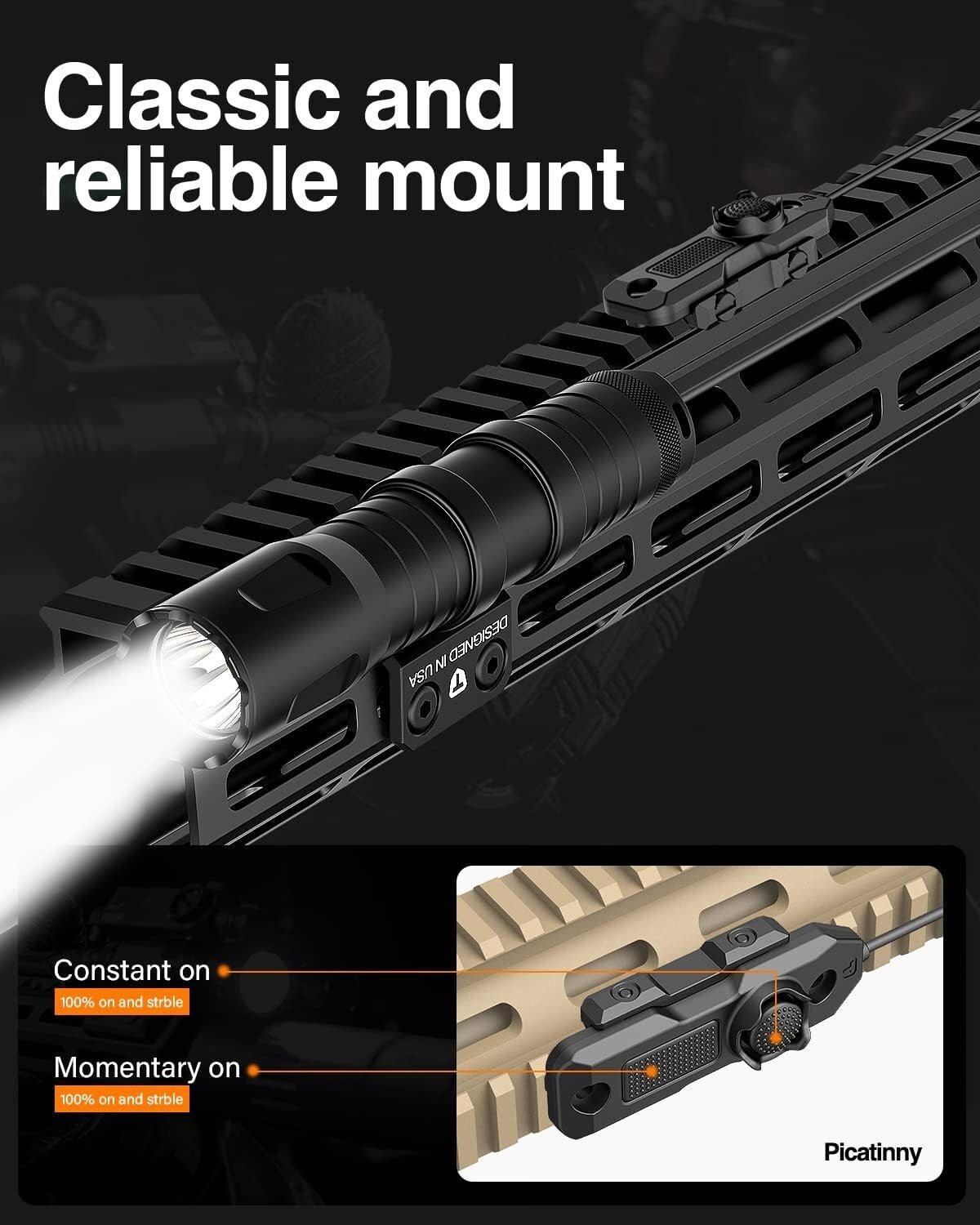 Mlok Mounted 1250 Lumens Tactical LED Flashlight with Remote Pressure Switch