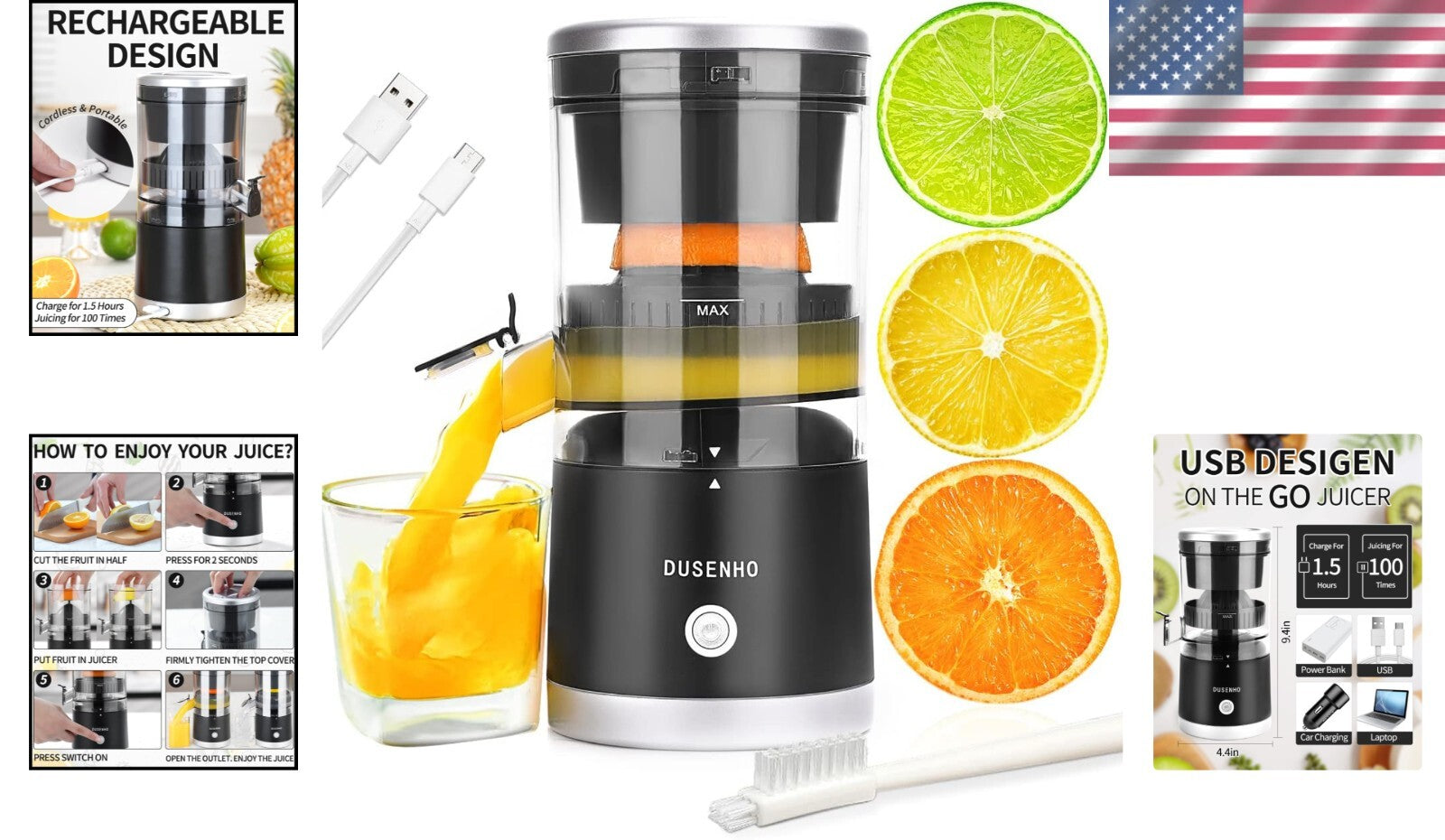 Easy Clean Citrus Juicer - Portable Rechargeable Juicer for Oranges & Lemons