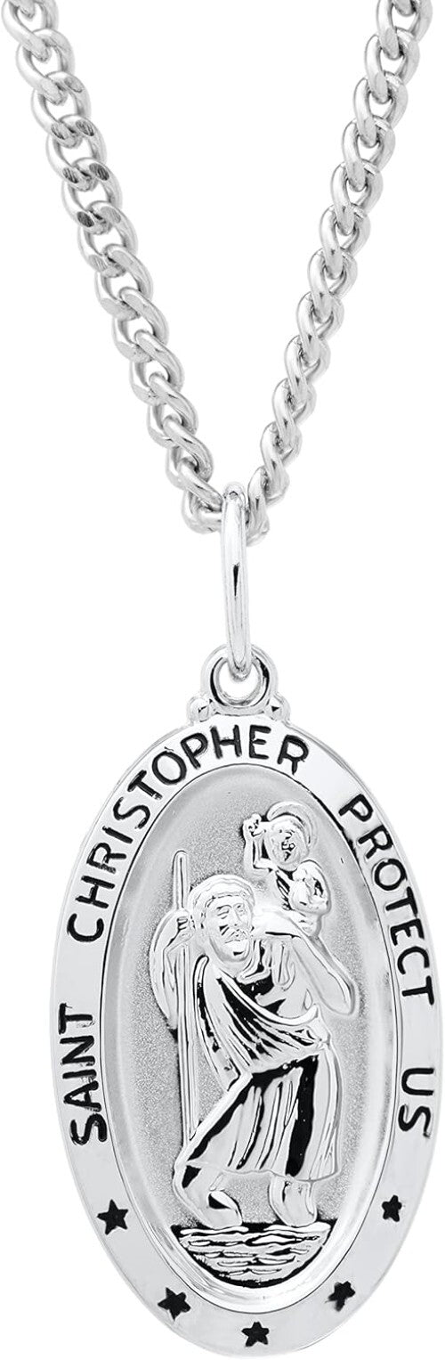 Elegant Saint Christopher Pendant Necklace in Sterling Silver - 20" Curb Chain
