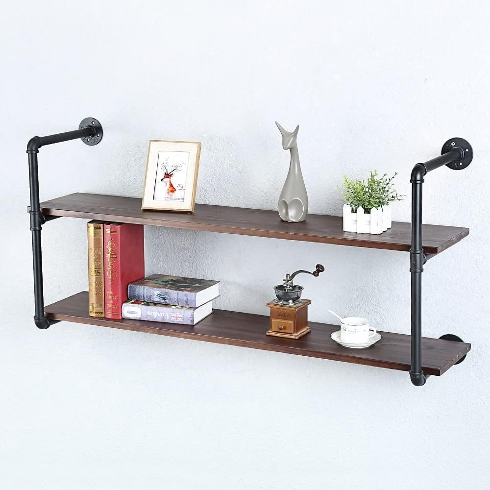 48in Industrial Pipe Floating Bookshelves - Rustic Metal & Wood Wall Storage