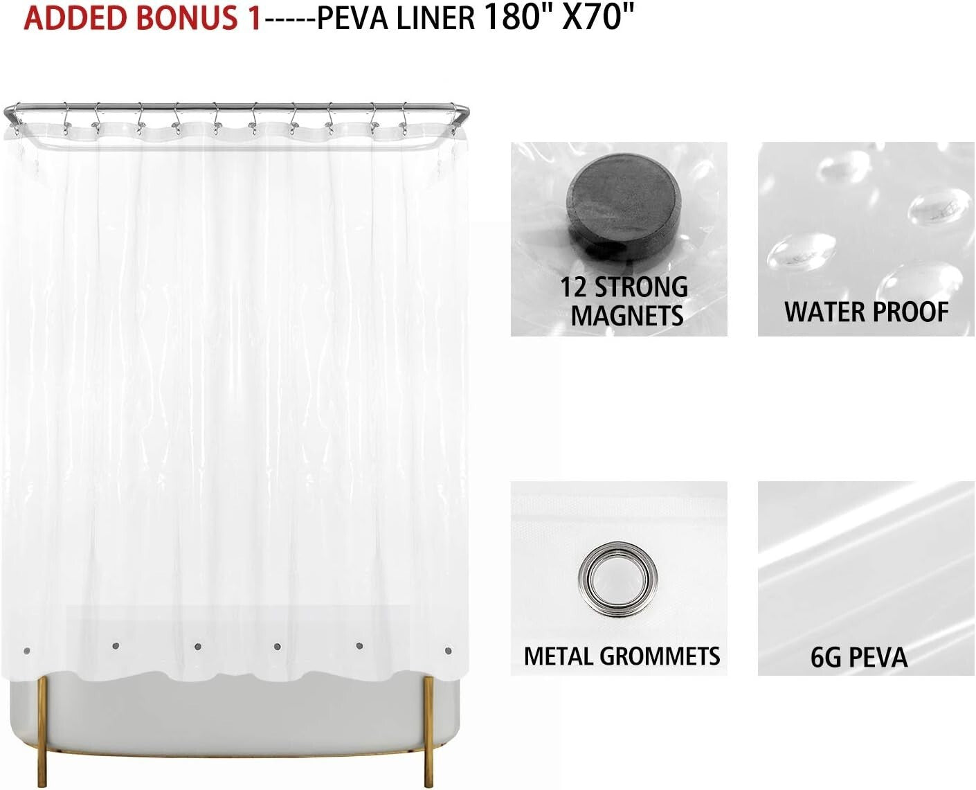 Elegant 180 x 70 Cotton Waffle Shower Curtain with PEVA Liner and Hooks - White