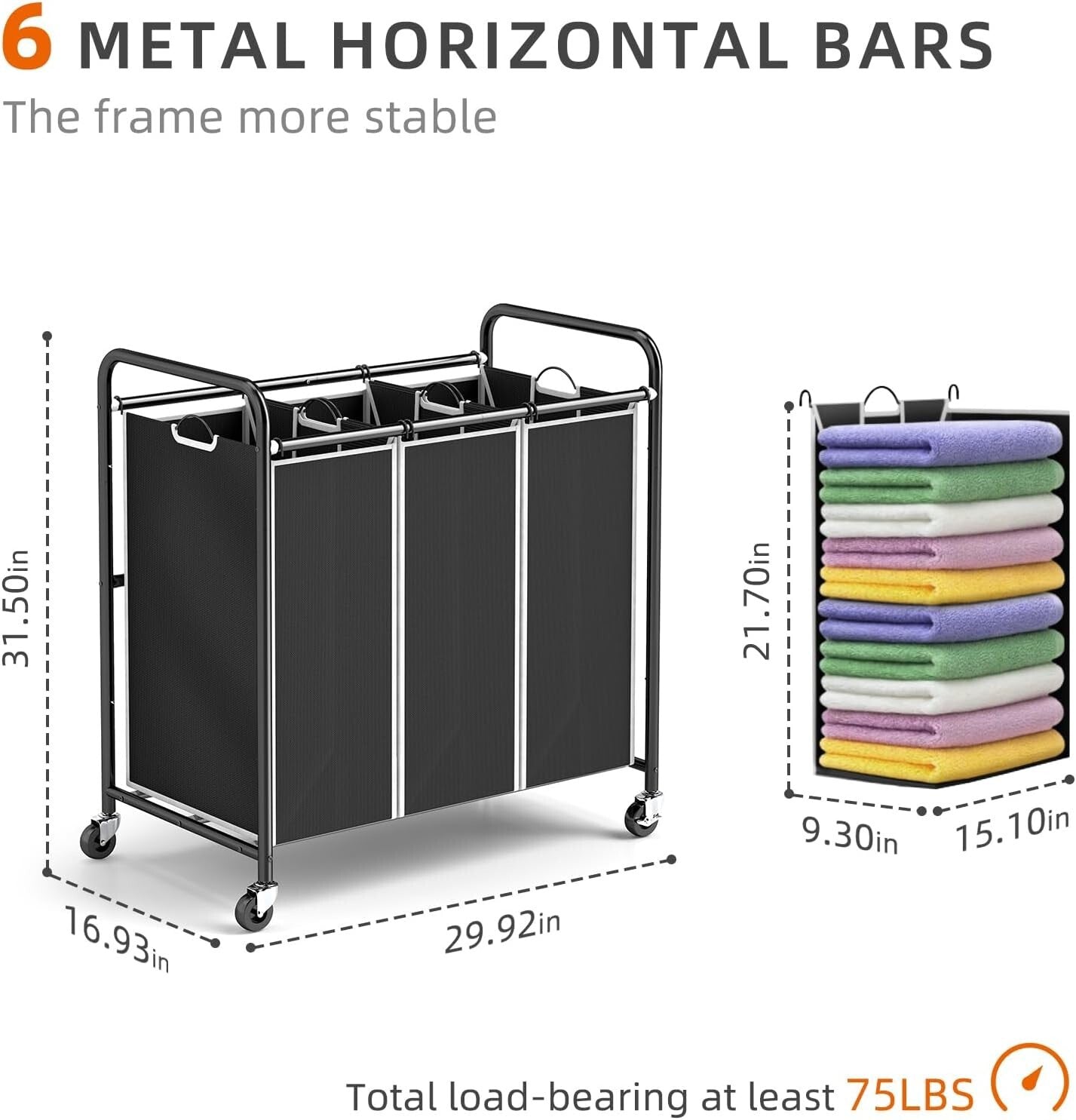 Eco-Conscious Laundry Sorter Cart with Waterproof Bags & Locking Wheels, Black